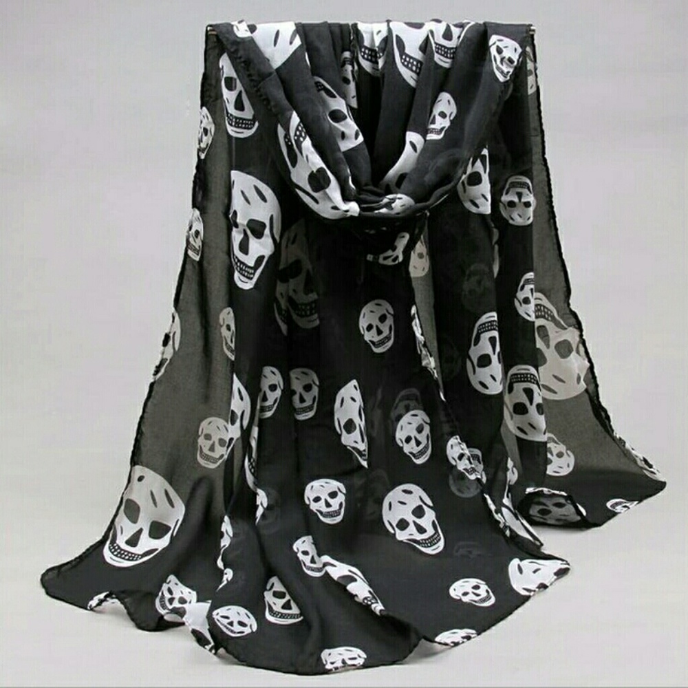 NEW Black White Skull Scarf Sheer Chiffon Goth Gothic Punk Halloween Alternative